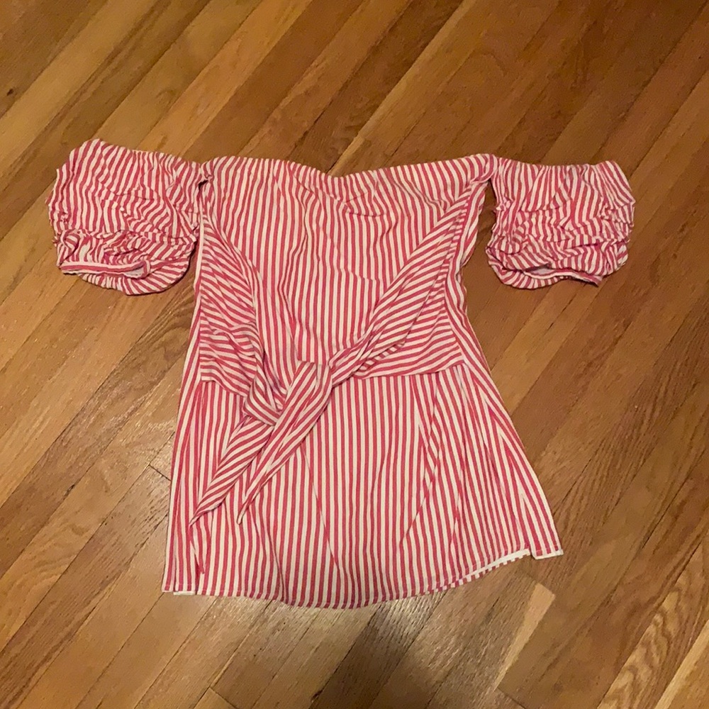 Red and white striped mini dress with off the shoulder sleeves